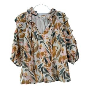 Entro Brown Tan Puff Sleeve Ruffled Blouse